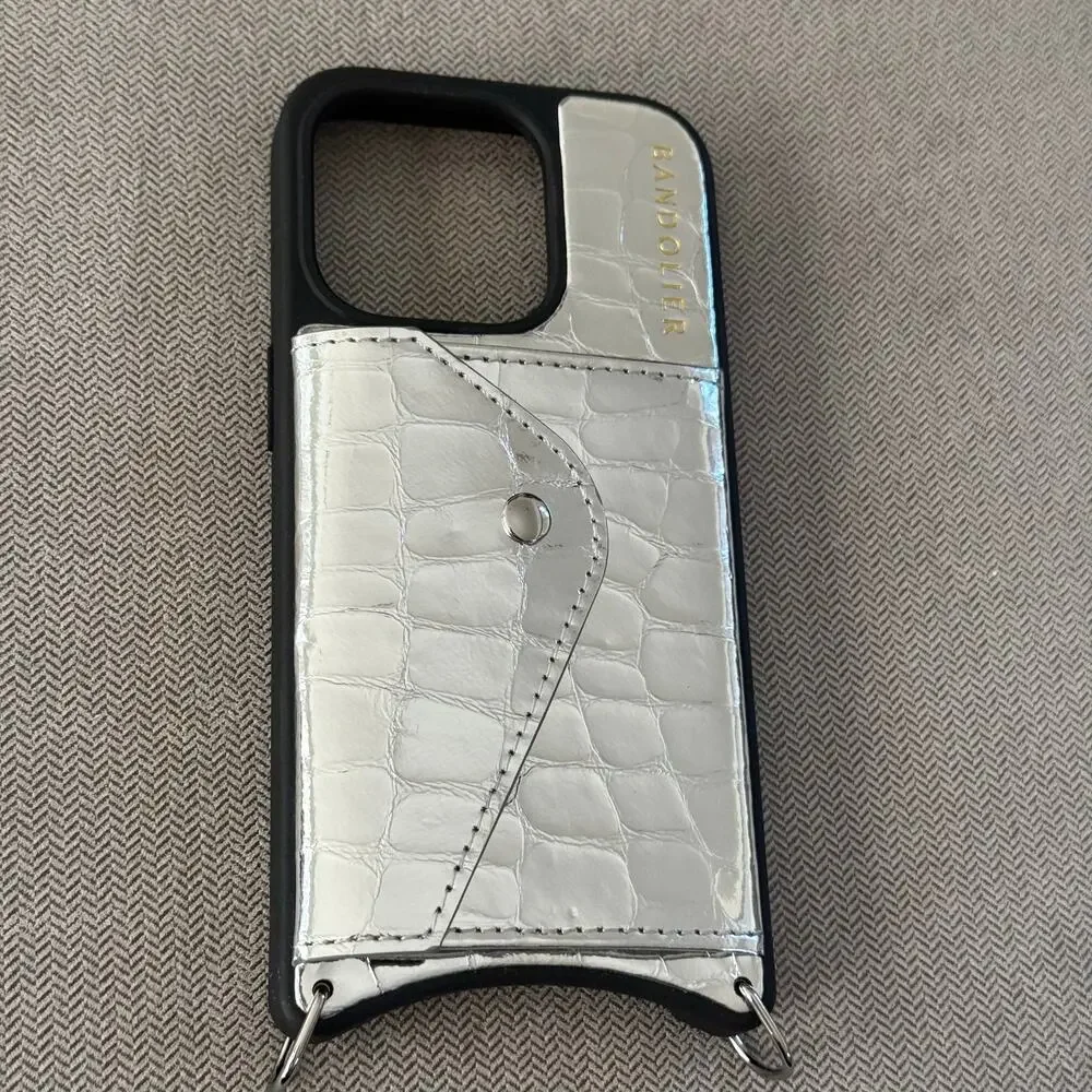 Bandolier iPhone 15 Pro Silver Croc Wallet Phone Case Card Holder No Strap
